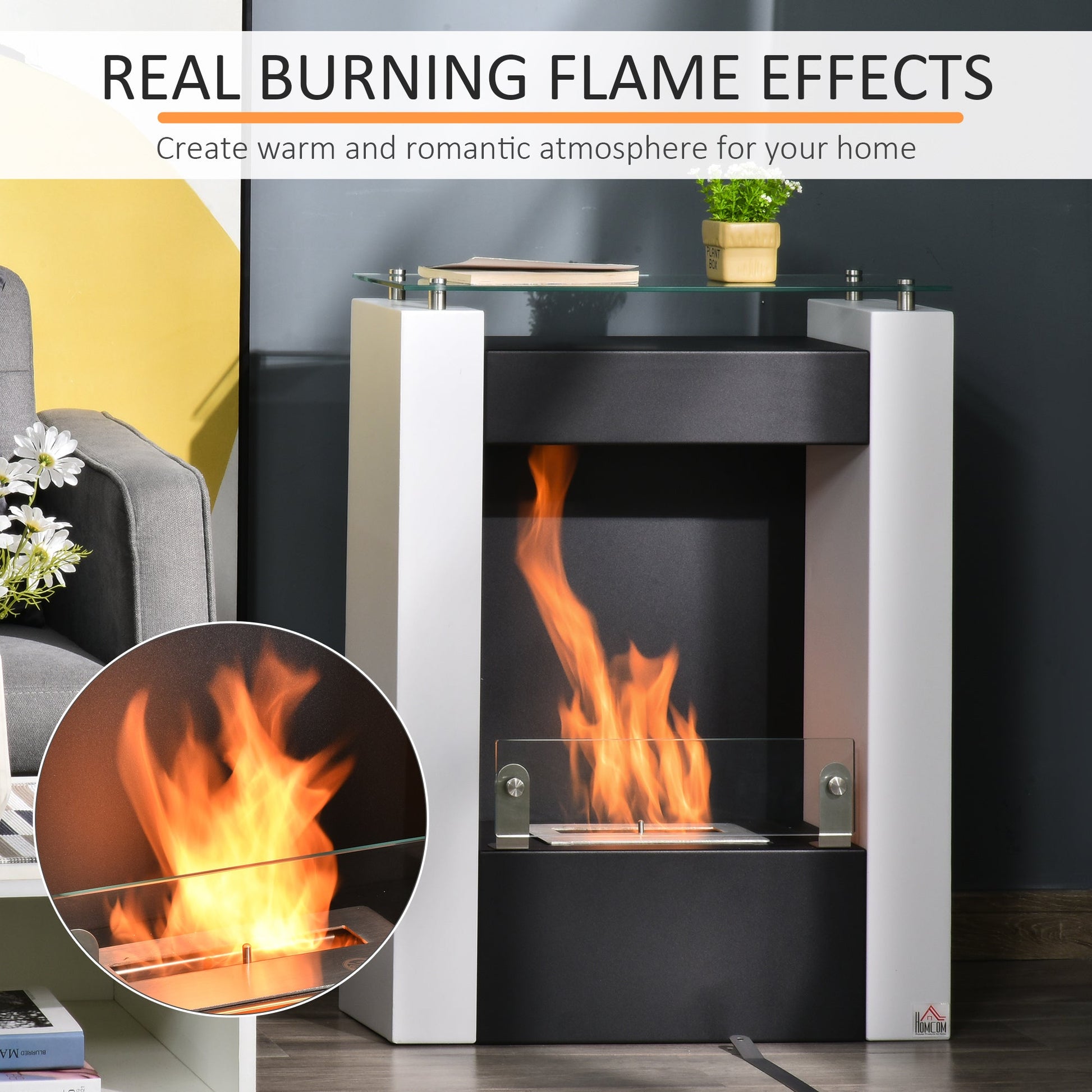 Bioethanol Fireplace with 1.5L Tank and 20m² Coverage, Steel and Glass Biofireplace, 60x20x79cm, Black and White - Borgè