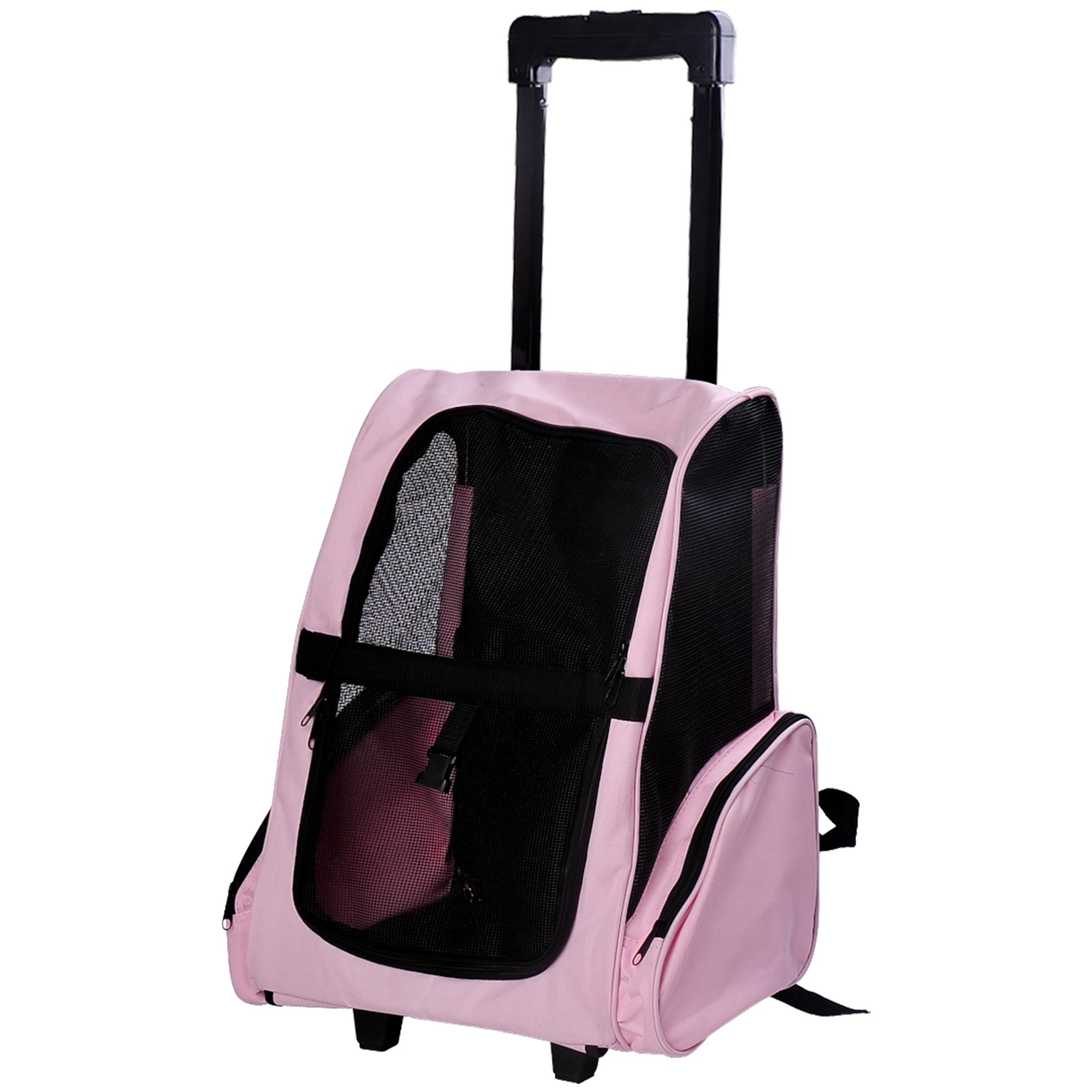 2 in 1 Dog and Cat Carrier Backpack with Side Pockets, Telescopic Handle and Wheels, 42x25x55cm, Pink - Borge' Group Limited