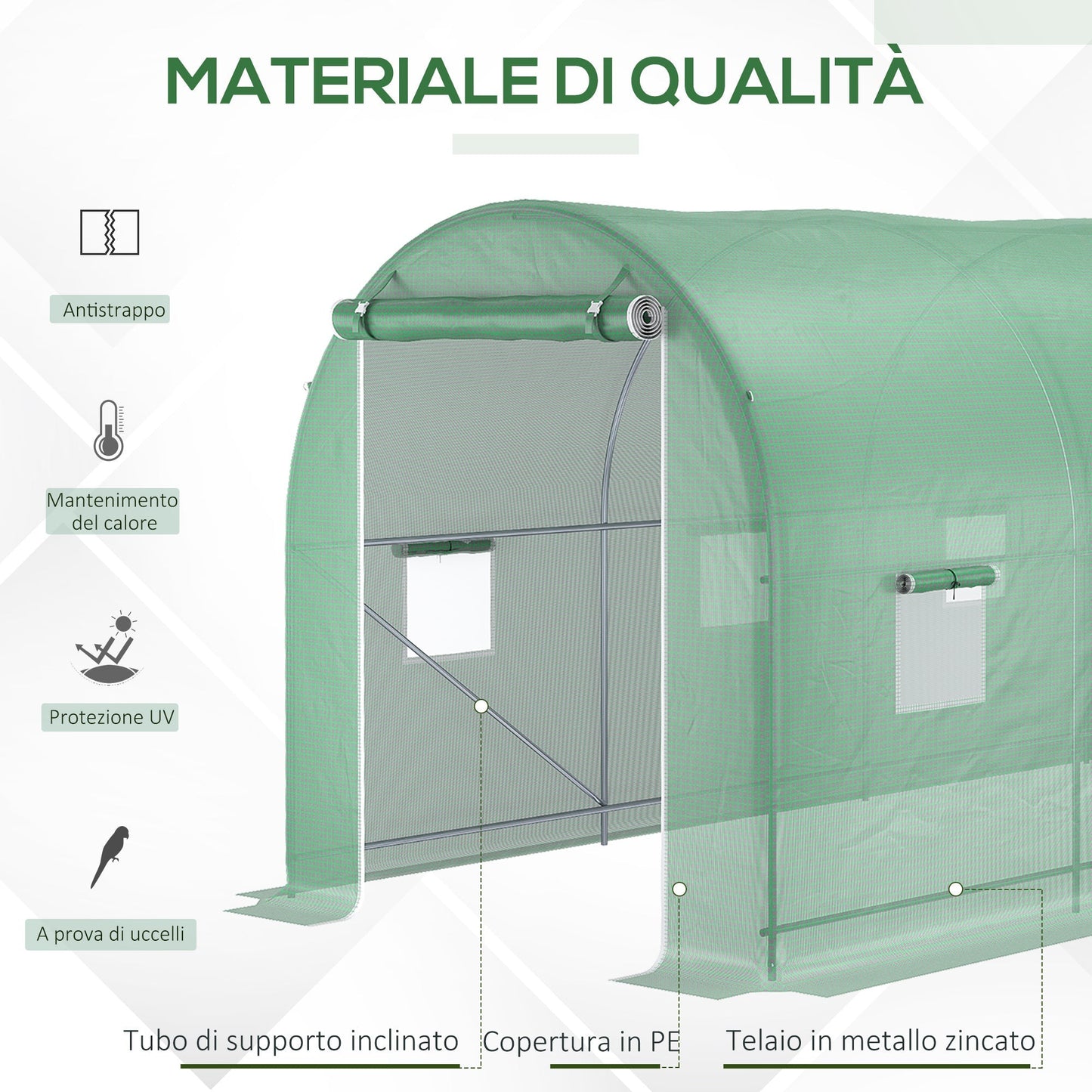 Outsunny green tunnel greenhouse 8 windows and roller shutters 500x200x210cm - Borgè