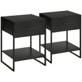 Modern bedside table set 2 pieces with drawer and open shelf, in mdf and steel, 45x40x60cm, black - Borgè