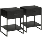 Modern bedside table set 2 pieces with drawer and open shelf, in mdf and steel, 45x40x60cm, black - Borgè