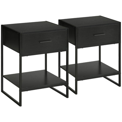 Modern bedside table set 2 pieces with drawer and open shelf, in mdf and steel, 45x40x60cm, black - Borgè