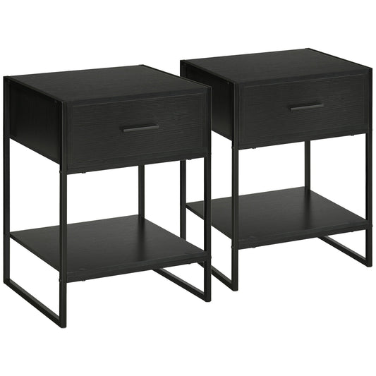 Modern bedside table set 2 pieces with drawer and open shelf, in mdf and steel, 45x40x60cm, black