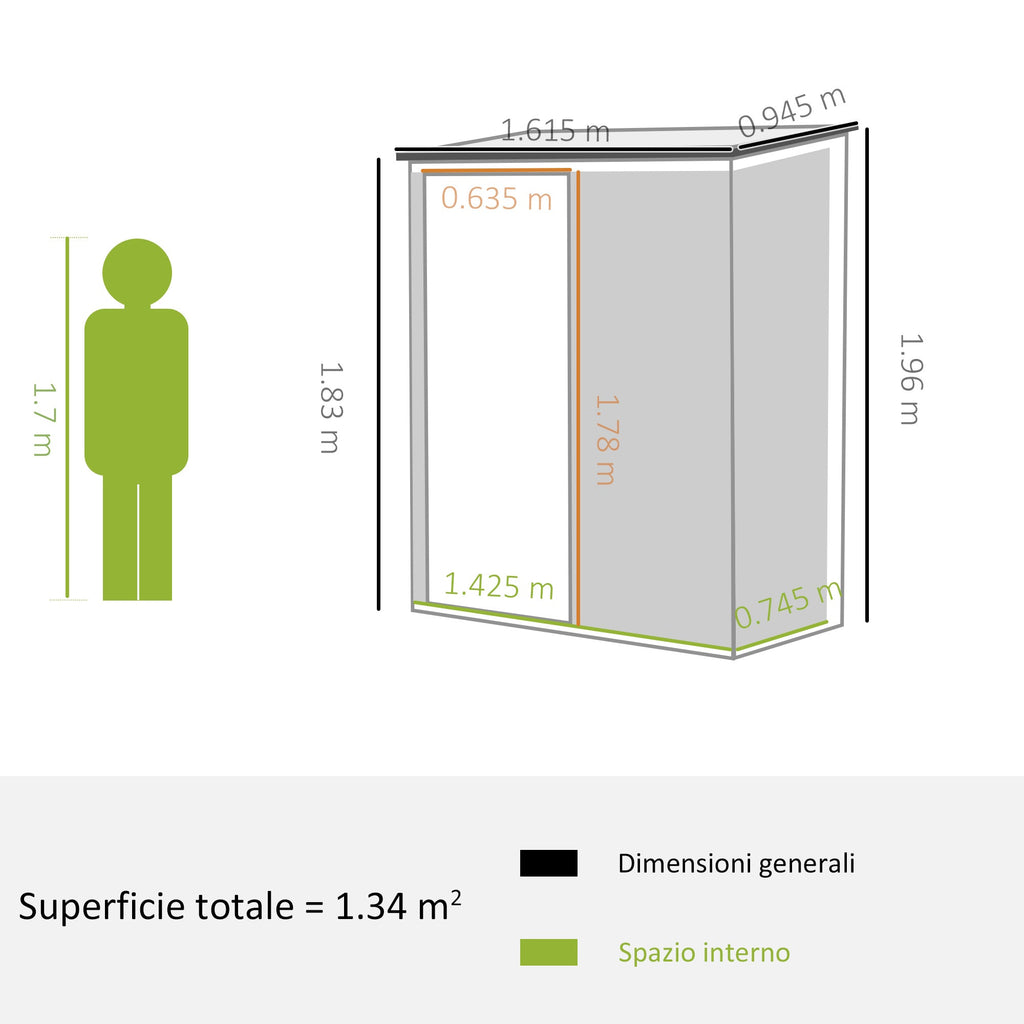 Garden Shed Tool Storage Shed in Steel Sheet with Lock, 161.5x94. 5x196cm, Black - Borge' Group Limited