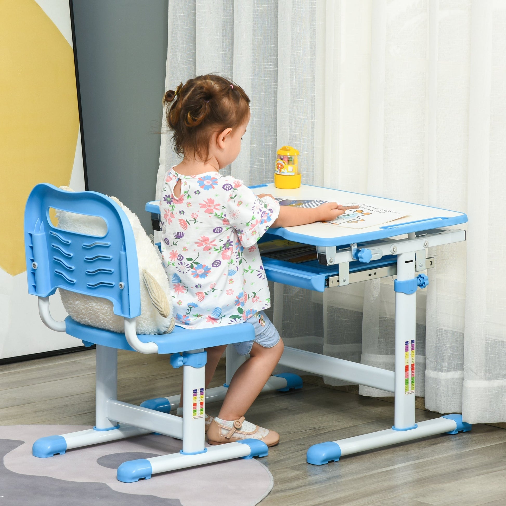 school desk with height adjustable chair for children 6-12 years, drawer and tilted plan at 45 Â°, steel and mdf, blue - Borgè