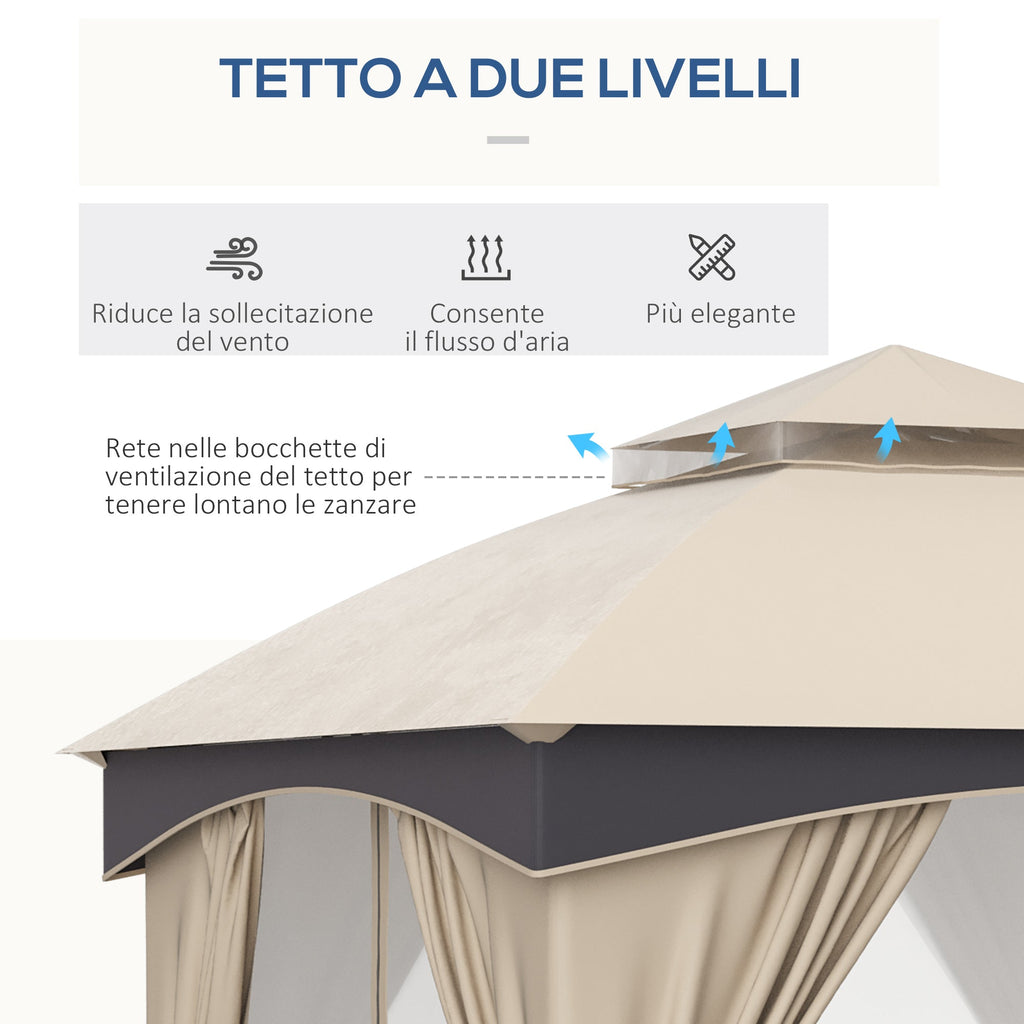 3x3m Steel Garden Gazebo with Double Roof and Curtains, Beige and Grey - Borge' Group Limited