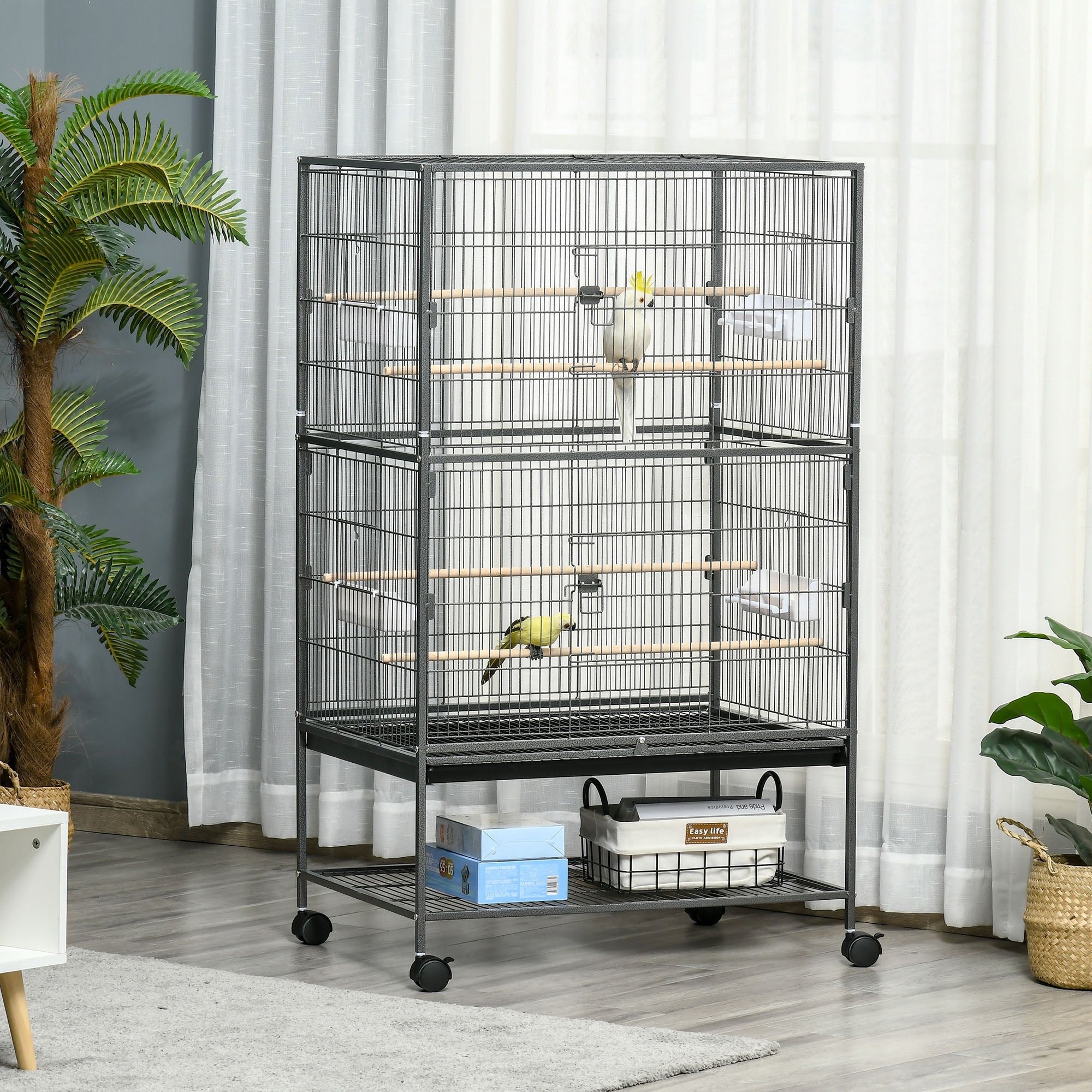 Steel / Wooden Indoor Bird Cage with Tray, 4 Wheels and Perch, 78x52x132cm - Borge' Group Limited