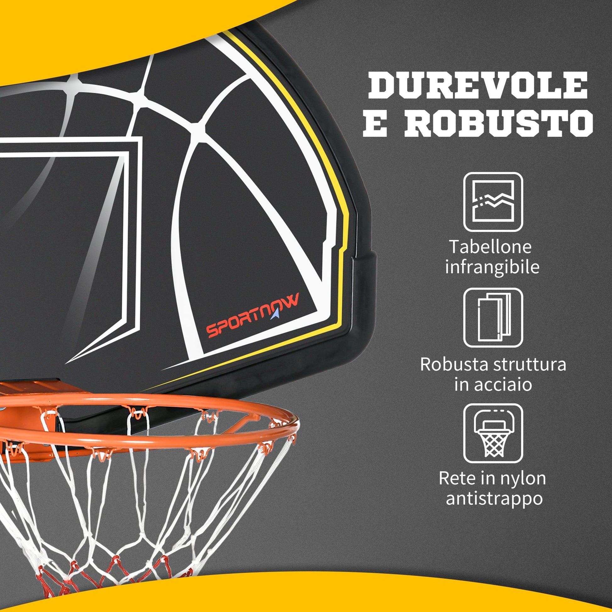 SportNow basketball basket for children and adults from indoor and outdoor in steel and PE, 110x90x70 cm, black and yellow - Borgè