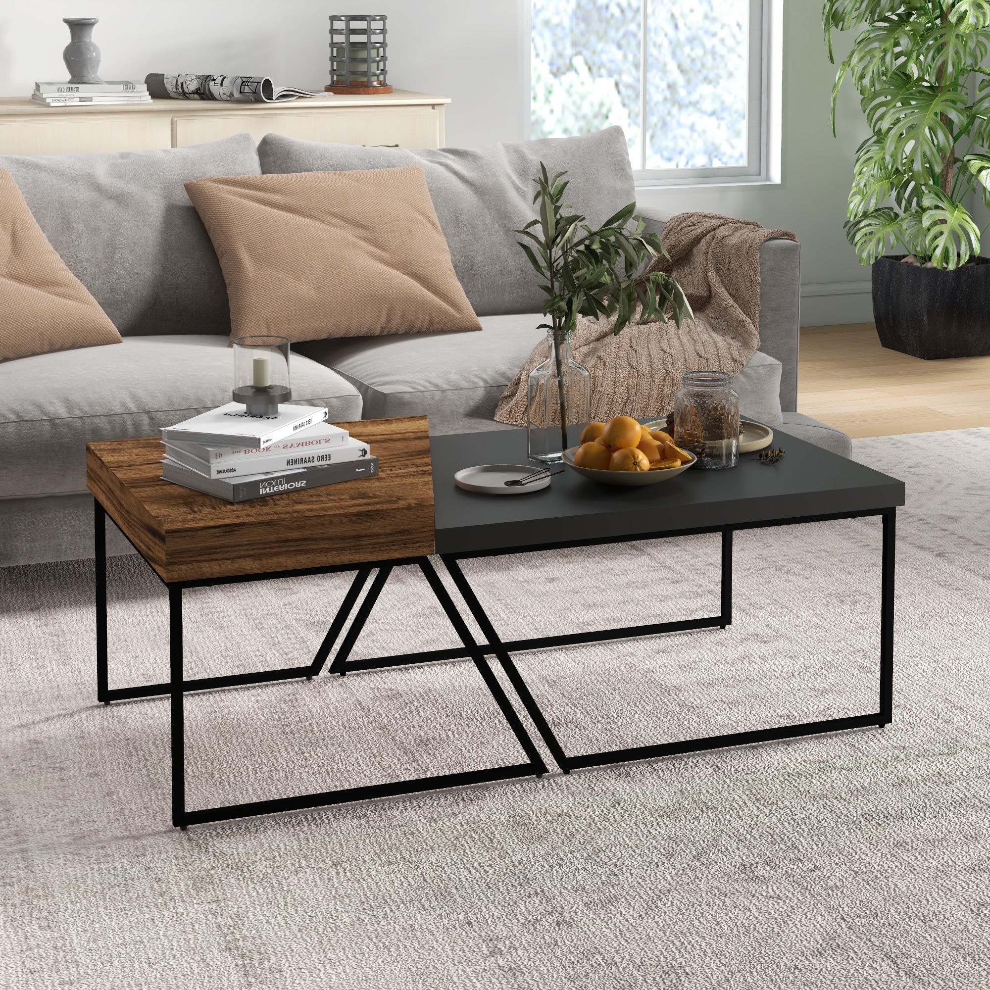 Homcom Set 2 coffee tables in chipboard and steel, black table 80x60x42 cm and brown table 60x60x46 cm - Borgè