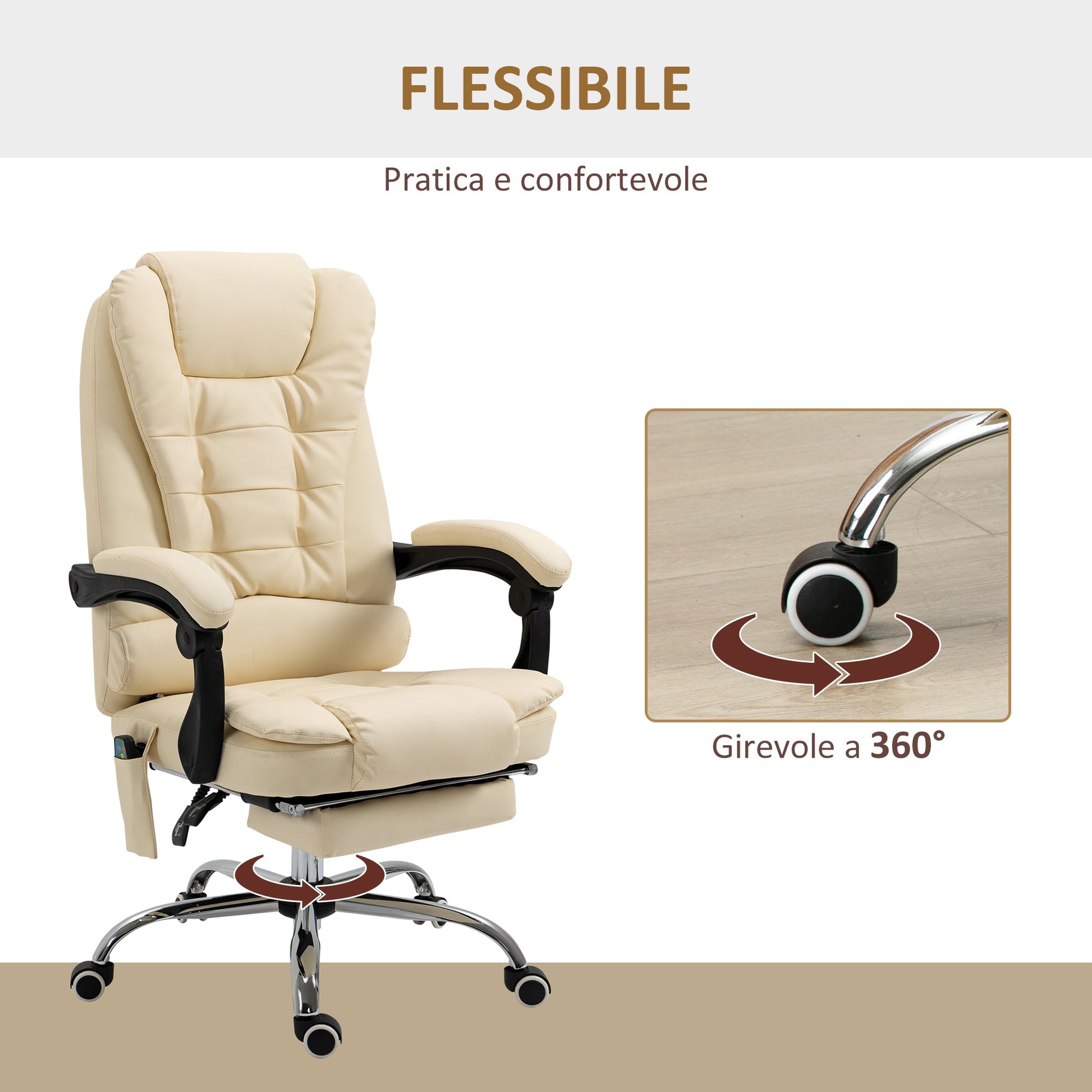 Ergonomic massant armchair winner at adjustable height with 6 vibrant points, 65x160x104 cm, cream - Borgè