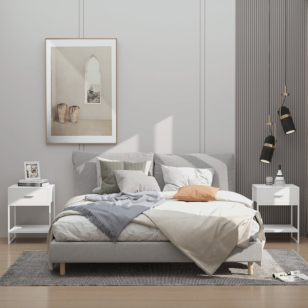 Modern bedside table set 2 pieces with drawer and open shelf, in mdf and steel, 45x40x60cm, white - Borgè