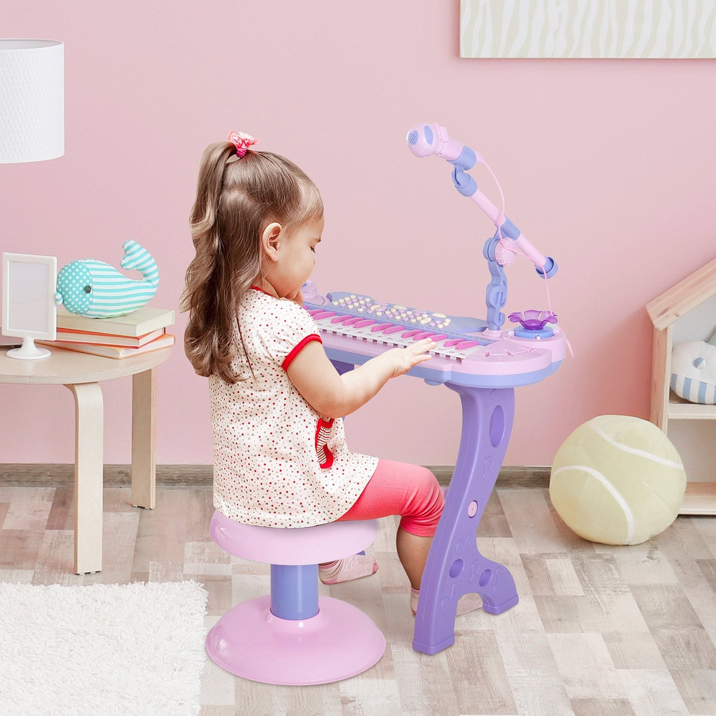 Pianola for children at 37 keys with stool and microphone, 12 instruments and 22 music, recording, mp3 and karaoke, pink - Borgè