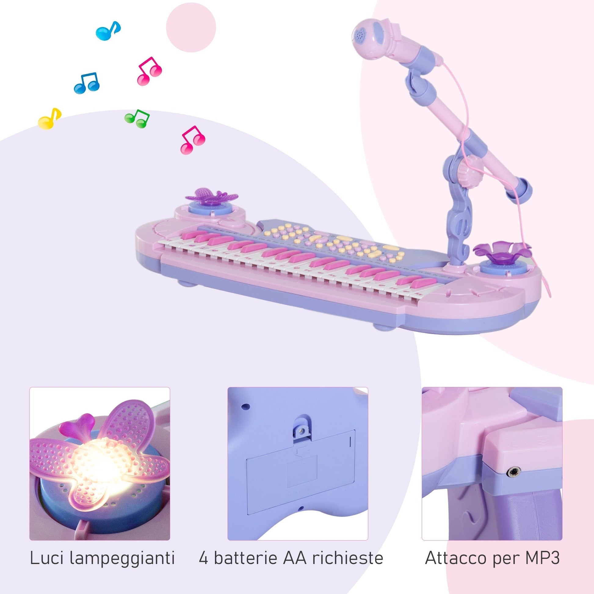 Pianola for children at 37 keys with stool and microphone, 12 instruments and 22 music, recording, mp3 and karaoke, pink - Borgè