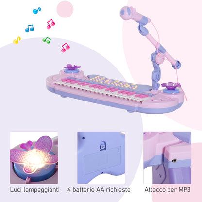 Pianola for children at 37 keys with stool and microphone, 12 instruments and 22 music, recording, mp3 and karaoke, pink - Borgè