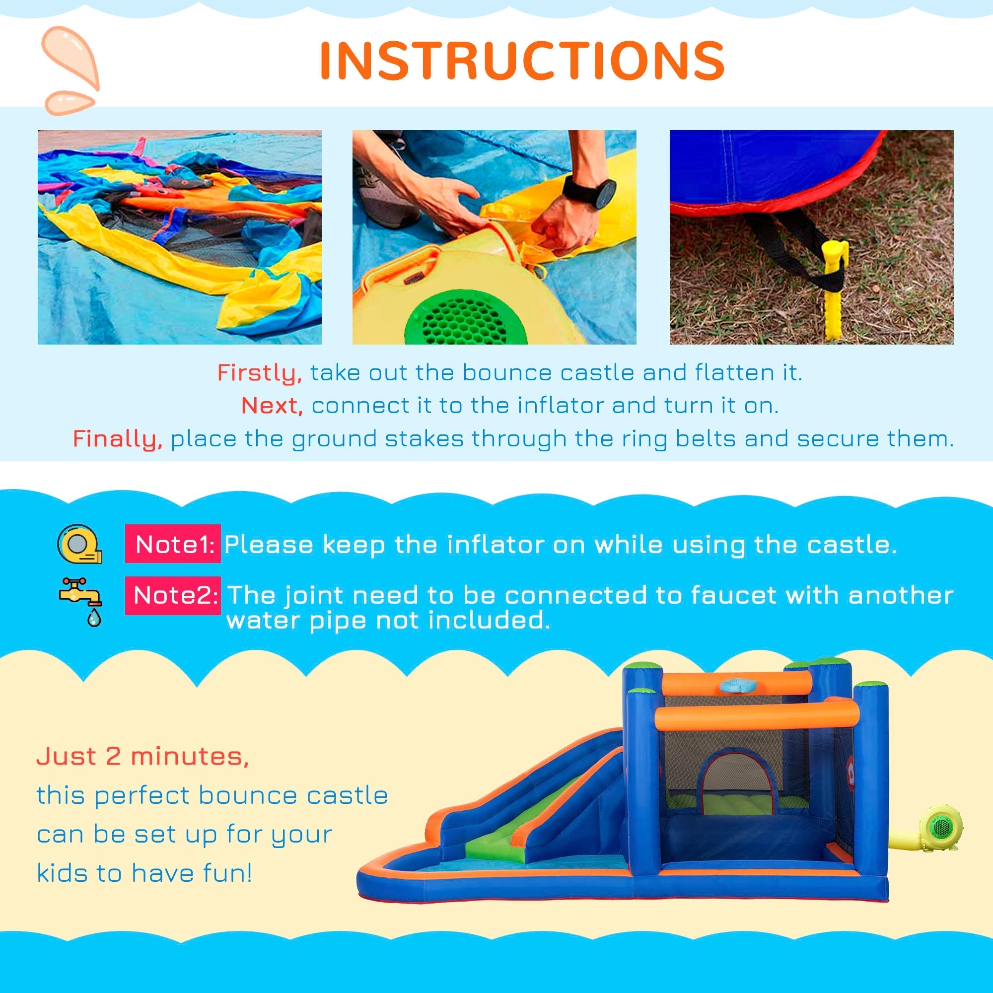 Inflatable Castle for Children 3-8 Years with Slide, Trampoline and Pool, 380x340x170cm - Borge' Group Limited