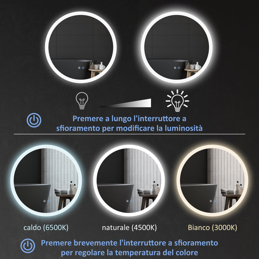 kleankin Round Bathroom Mirror with LED Lights, Wall-Mounted Dimmable Makeup Mirror with 3 Temperature Colours, Defogging Film, Memory Function, Hardwired, 70 x 70 cm - Borgè