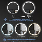 kleankin Round Bathroom Mirror with LED Lights, Wall-Mounted Dimmable Makeup Mirror with 3 Temperature Colours, Defogging Film, Memory Function, Hardwired, 70 x 70 cm - Borgè