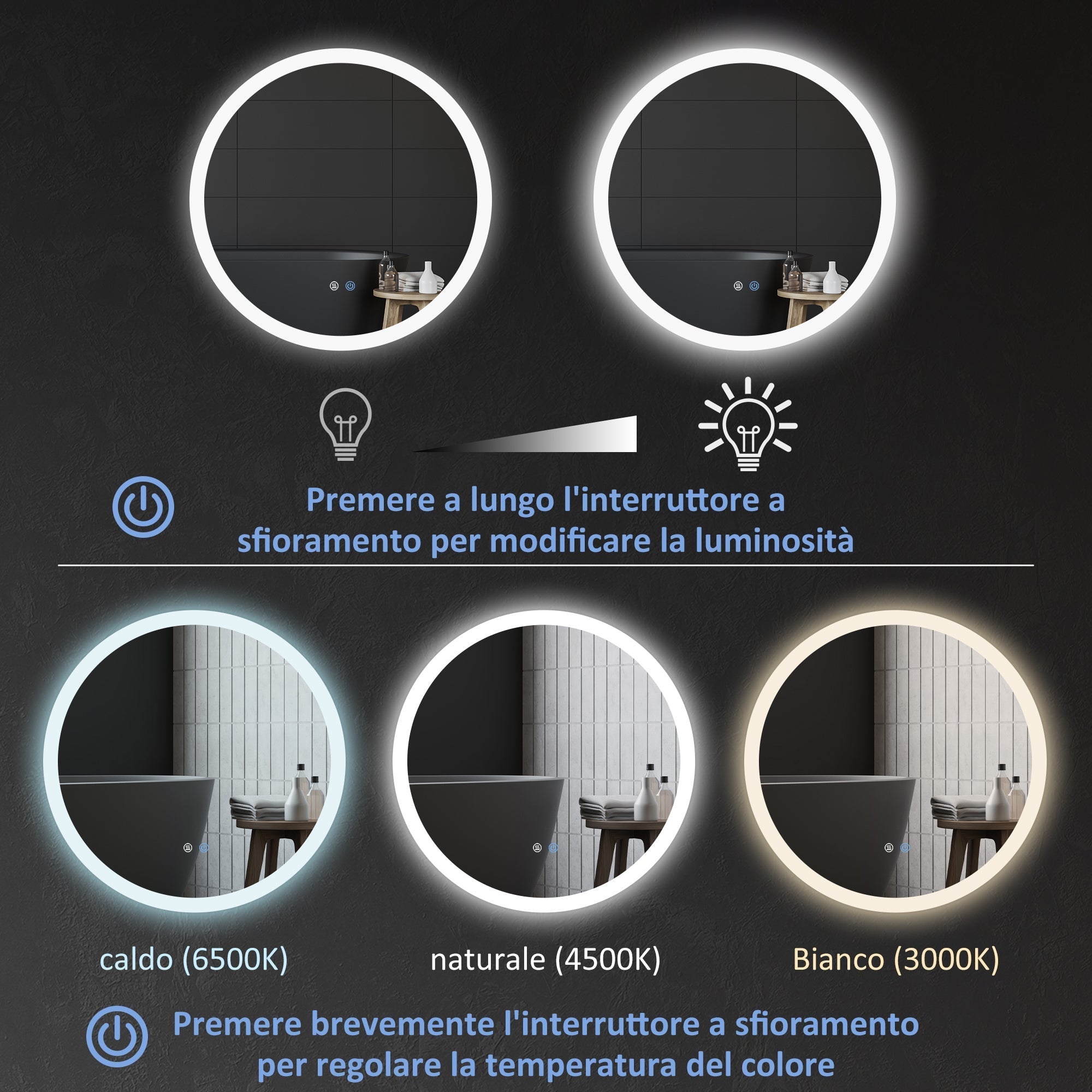 kleankin Round Bathroom Mirror with LED Lights, Wall-Mounted Dimmable Makeup Mirror with 3 Temperature Colours, Defogging Film, Memory Function, Hardwired, 70 x 70 cm - Borgè