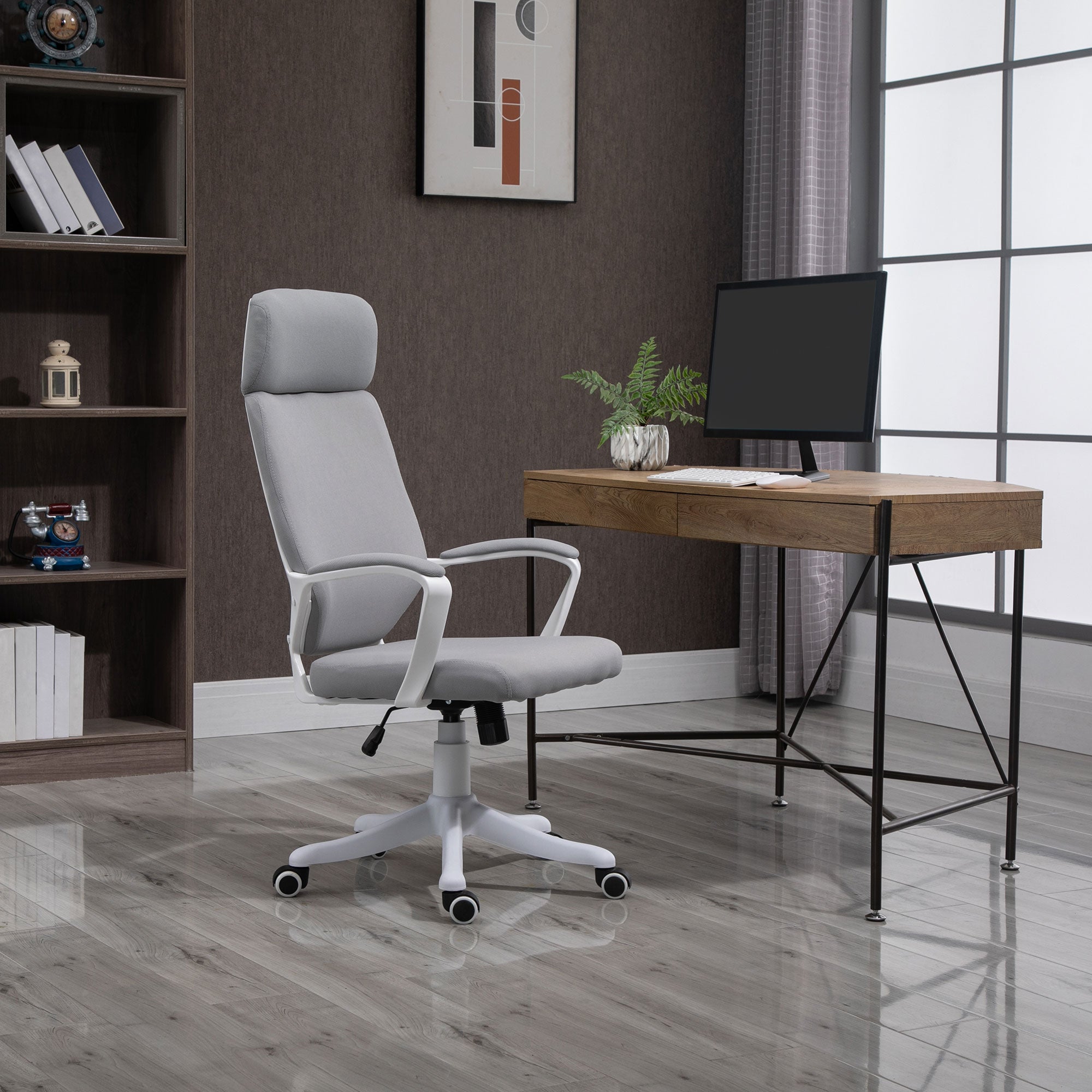 Swivel Office Chair with Headrest, Height-Adjustable Armchair with Rocking Function, 63x65x112-120cm, Light Grey - Borgè