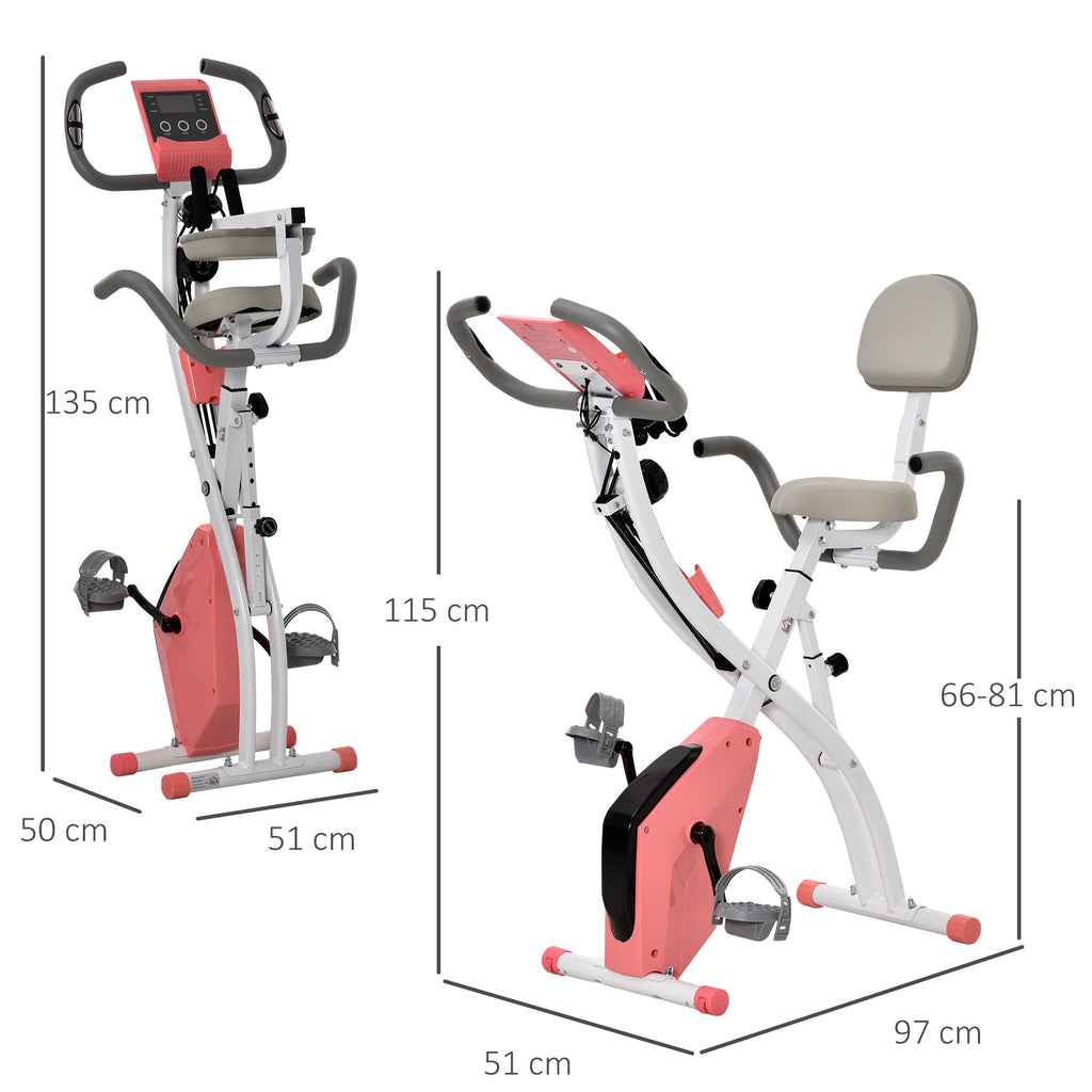 Folding Exercise Bike, 8 Level Adjustable Magnetic Resistance, Fitness Bike with Heart Rate Sensor, Arm Bands, LCD Screen, 2.5kg Flywheel, Pink - Borge' Group Limited