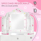 Vanity Table for children with wooden stool, makeup table with triple mirror and drawer, 63x40x85.5cm - Borgè
