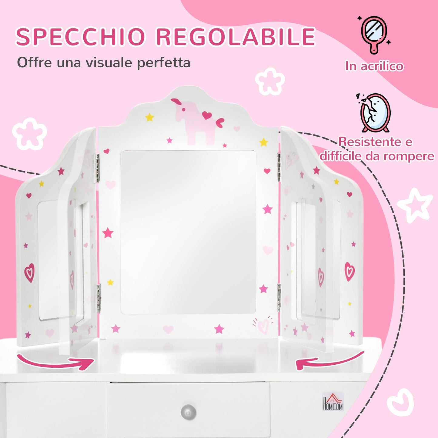 Vanity Table for children with wooden stool, makeup table with triple mirror and drawer, 63x40x85.5cm - Borgè