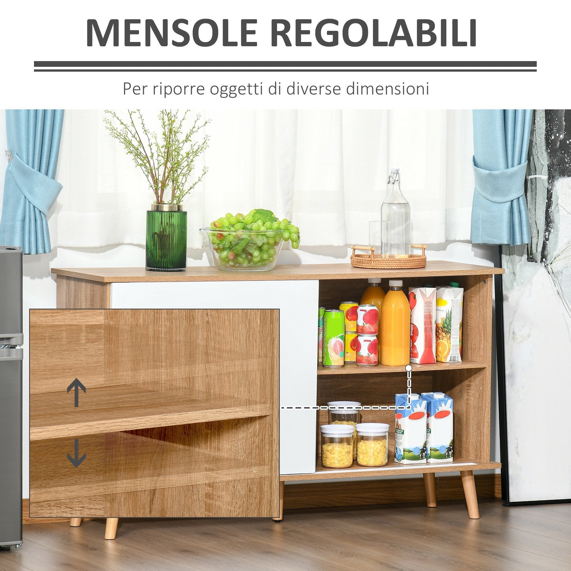Mobile with adjustable shelves and sliding doors - white oak - Borgè