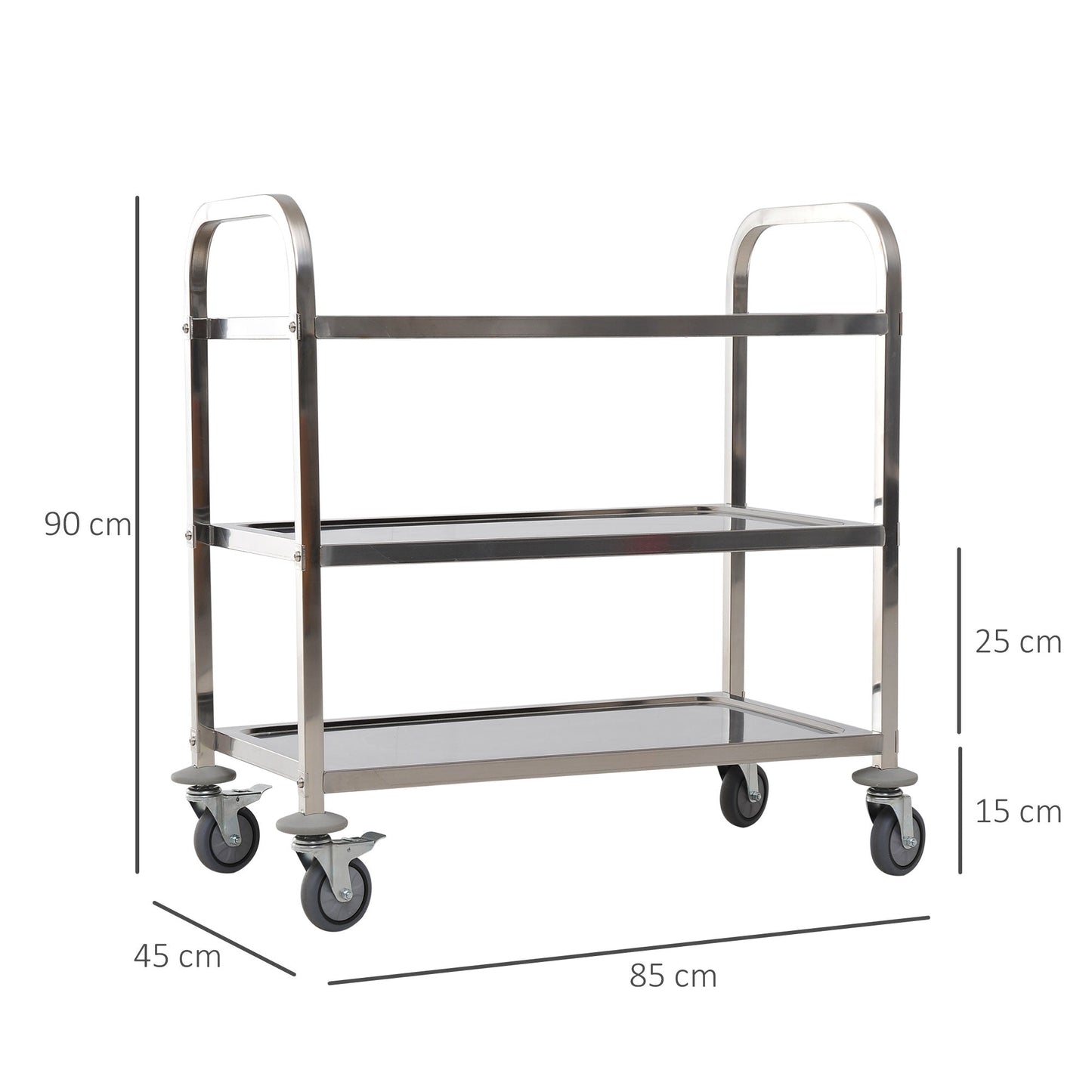 Homcom Kitchen Trolley 3 Open shelves 4 Omnidirectional wheels with 2 brakes anti-collision pads in stainless steel 430 silver 85x45x90cm - Borgè