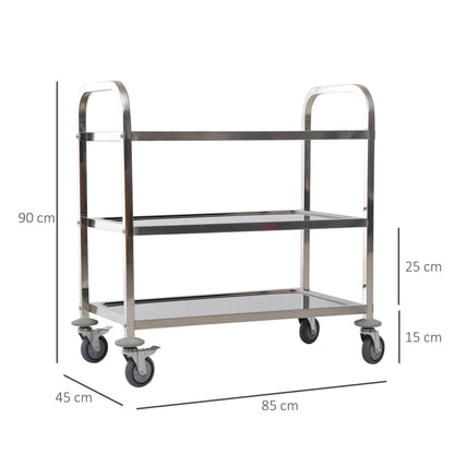 Homcom Kitchen Trolley 3 Open shelves 4 Omnidirectional wheels with 2 brakes anti-collision pads in stainless steel 430 silver 85x45x90cm - Borgè