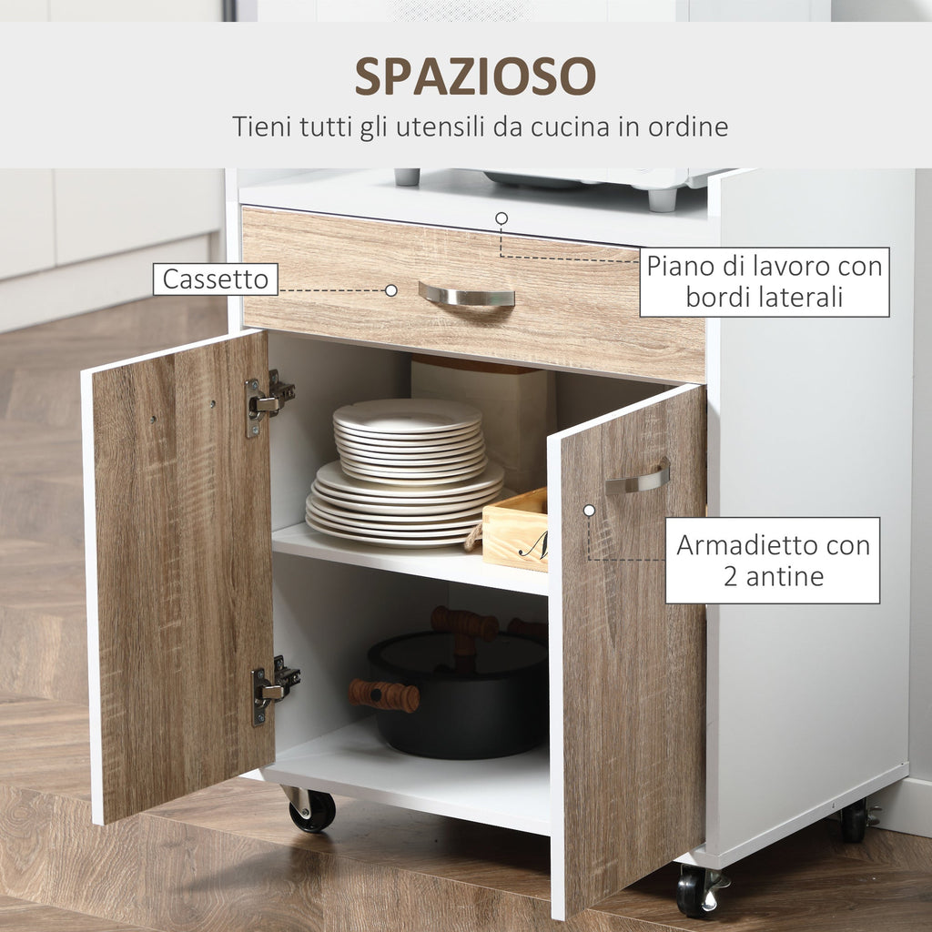 Kitchen Trolley Road for microwave with drawer, locker and 4 wheels, in wood, 60x40x77cm - white/oak - Borgè