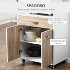 Kitchen Trolley Road for microwave with drawer, locker and 4 wheels, in wood, 60x40x77cm - white/oak - Borgè