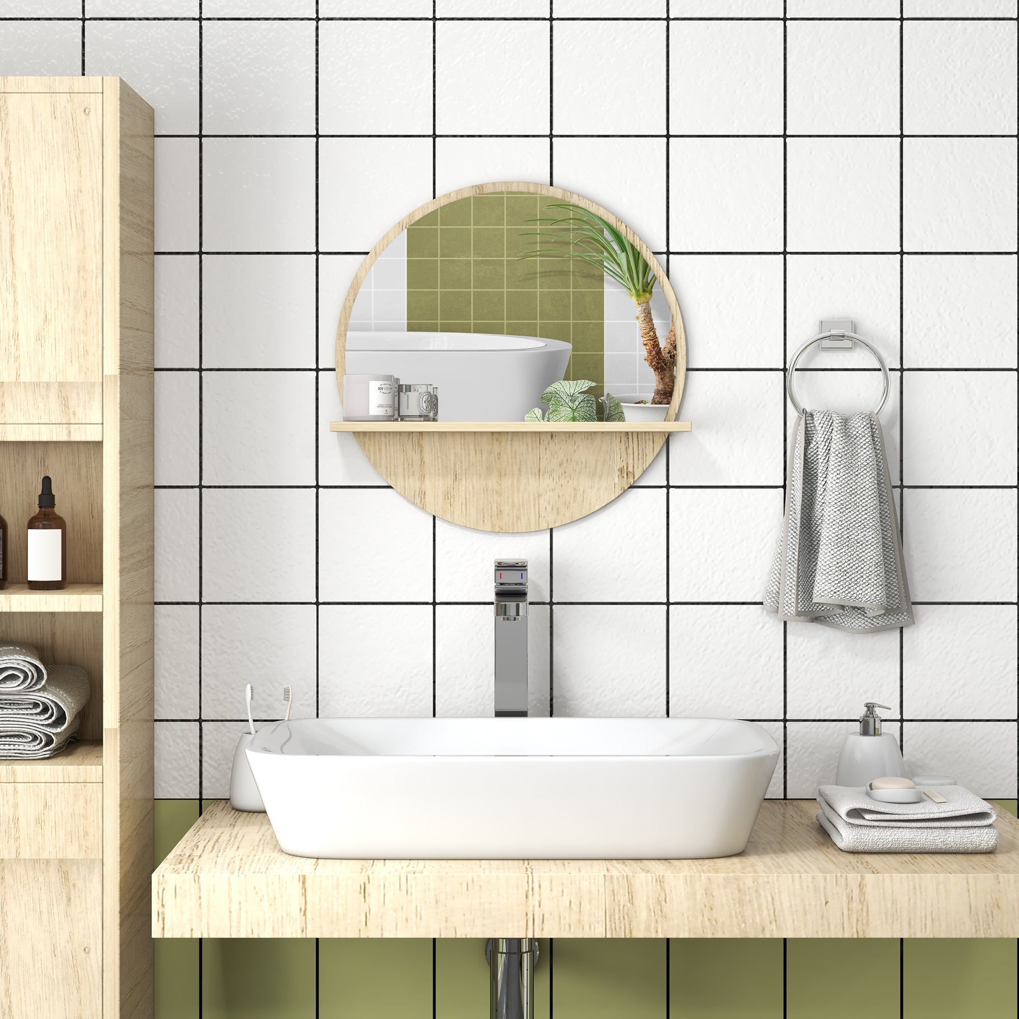 Kleankin Rotondic bath mirror in chipboard and glass with storage shelf and 2 rear hooks, Ã˜45x10 cm - Borgè