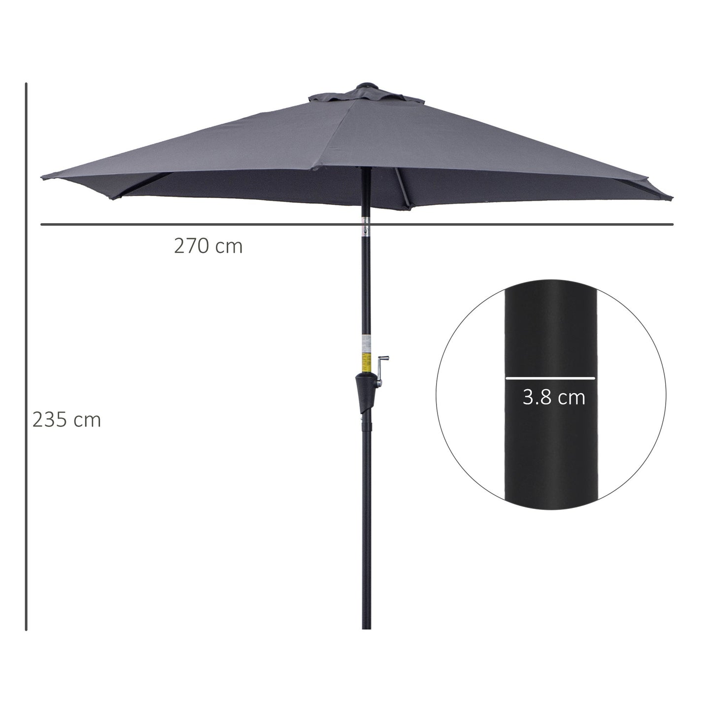 Outsunny inclinable garden umbrella, crank open, φ2.7x2.35m Grey - Borgè