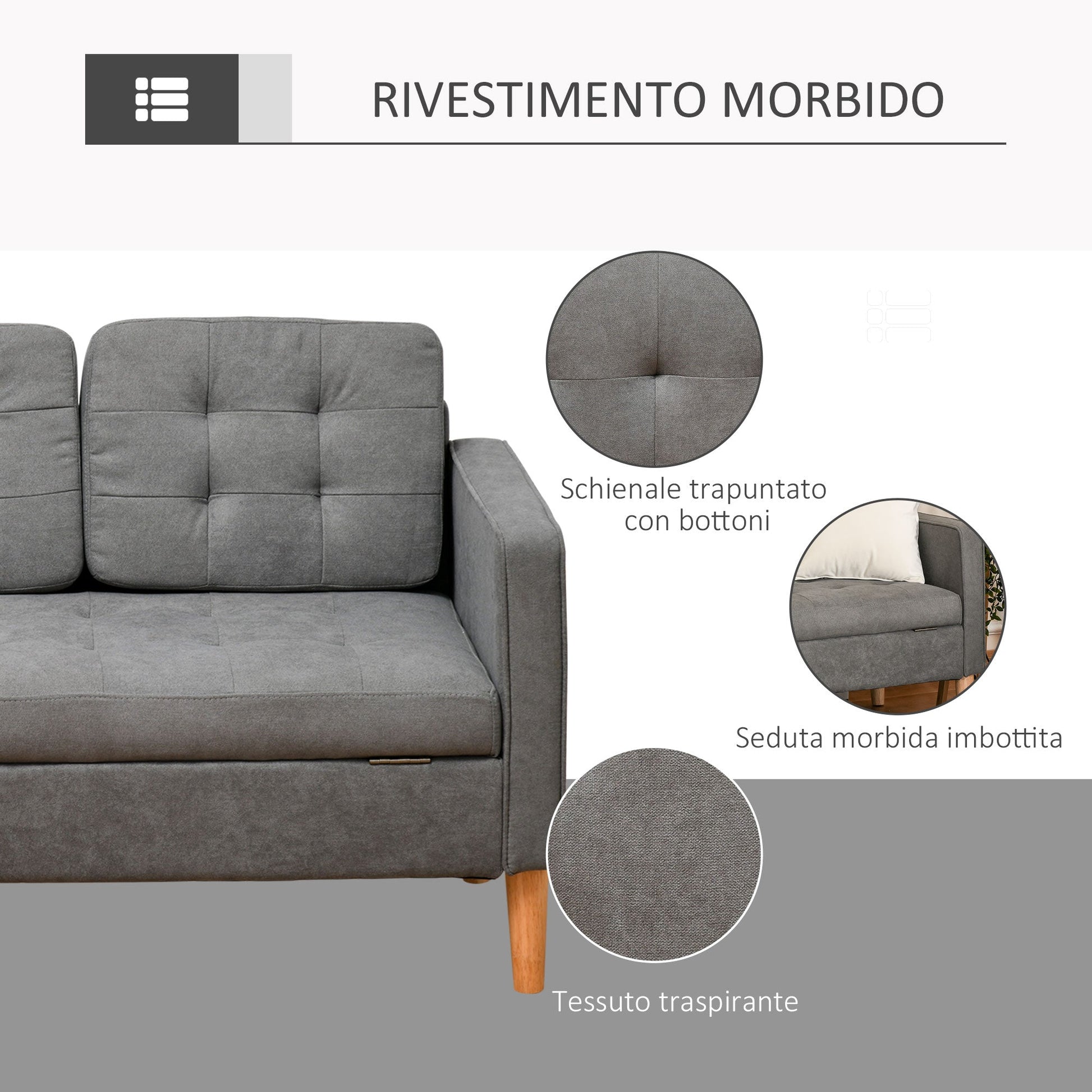 SELLY | 3 Seater Sofa in Grey fabric with Storage Compartment - Borgè