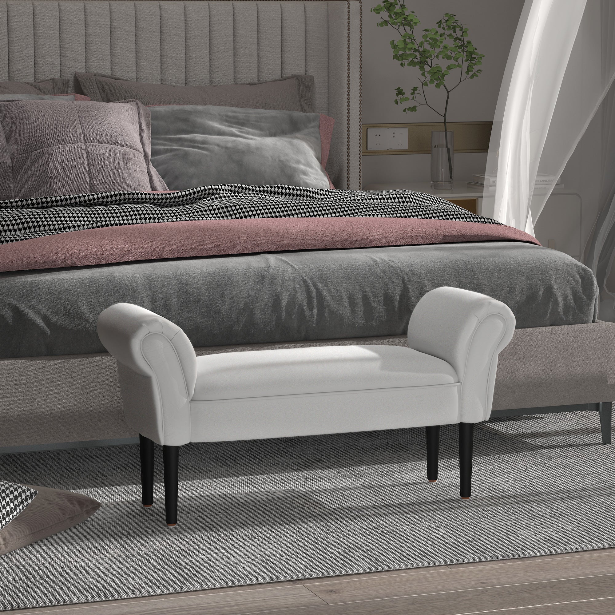 Ottoman Padded Bed Bench with Rolled Armrests, 102x35x51cm, Light Grey - Borgè