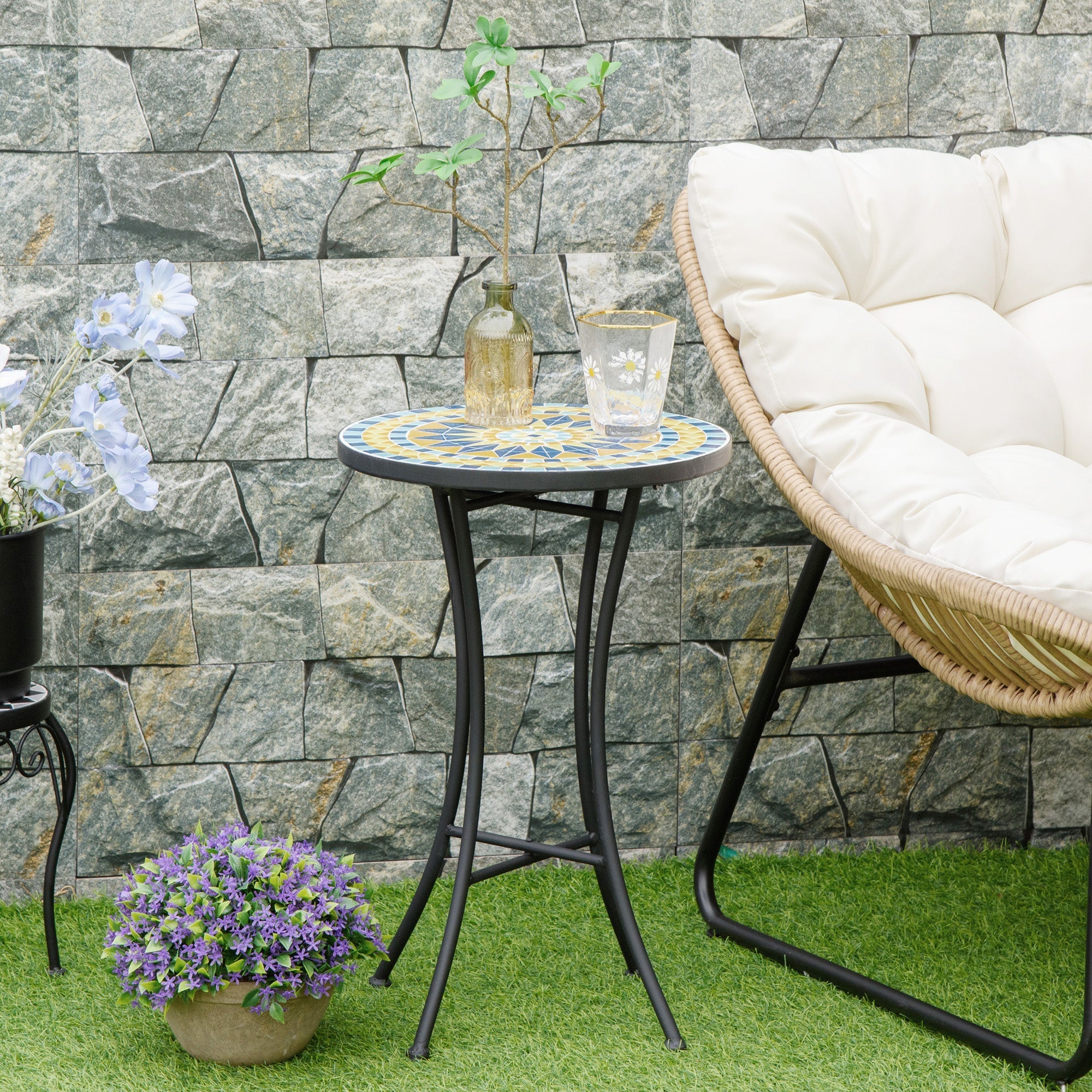 Metal Garden Coffee Table with Mosaic Top, Ф35.5x53.5cm - Borge' Group Limited