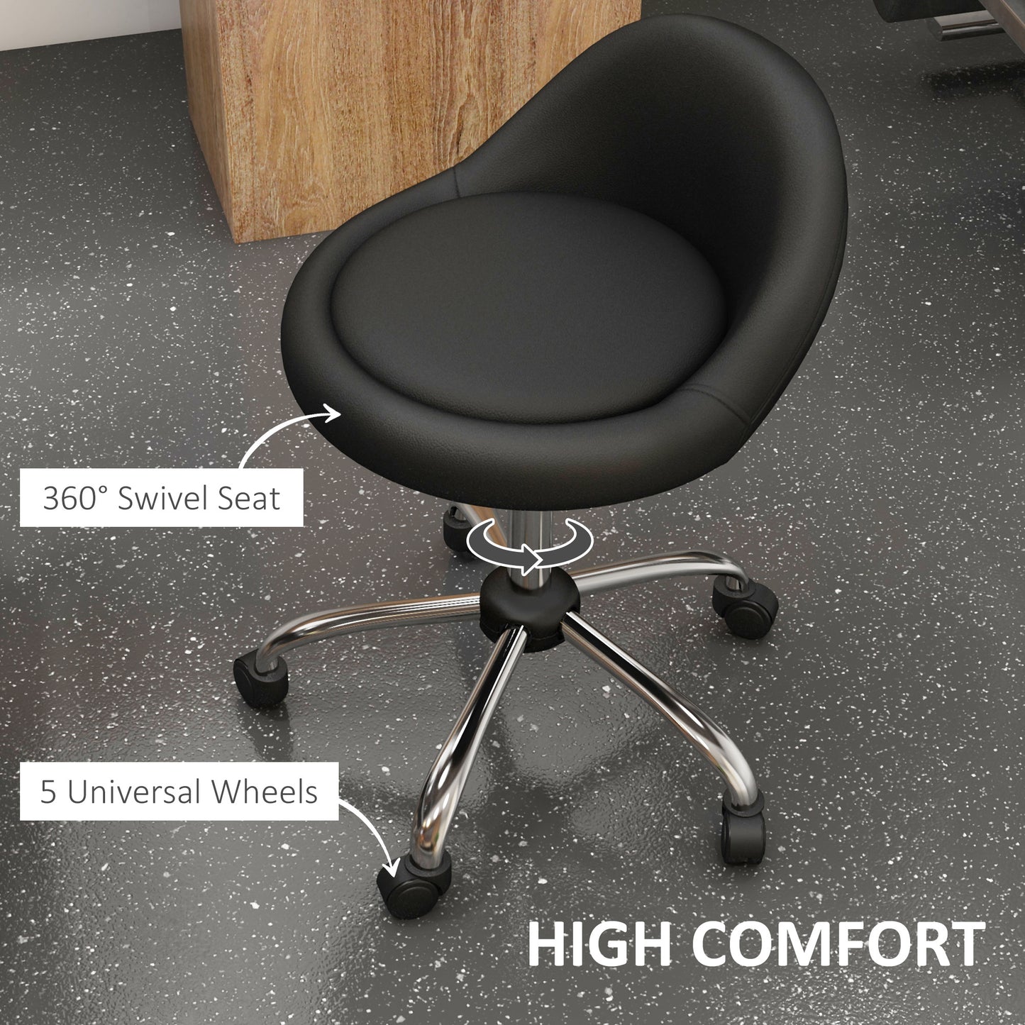 Homcom stool with wheels, swivel seat, adjustable height and fake coating PU skin, black - Borgè