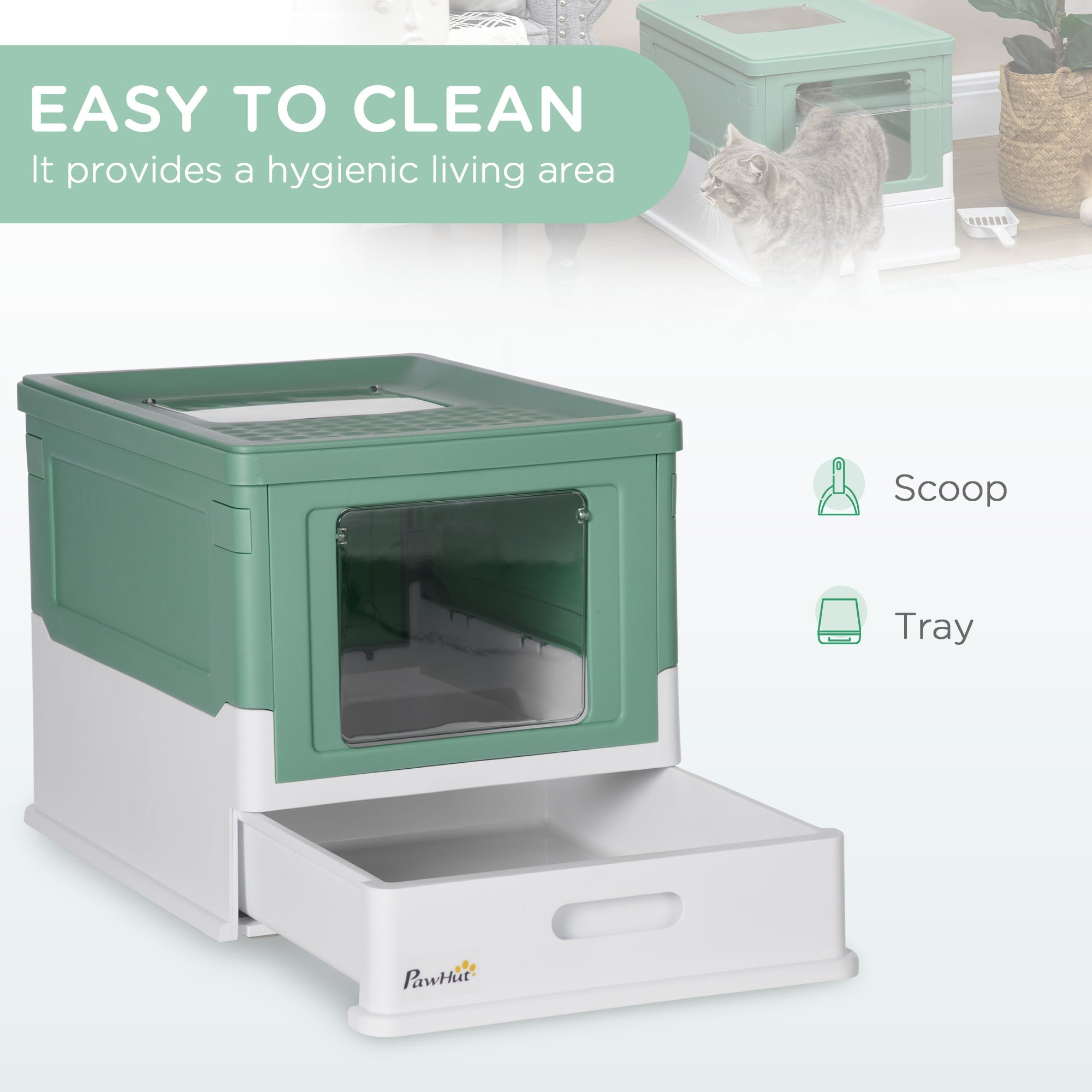 Enclosed Cat Litter Box with Scoop, Removable Tray and 2 Doors, 47.5x35. 5x36.7cm, Green - Borge' Group Limited