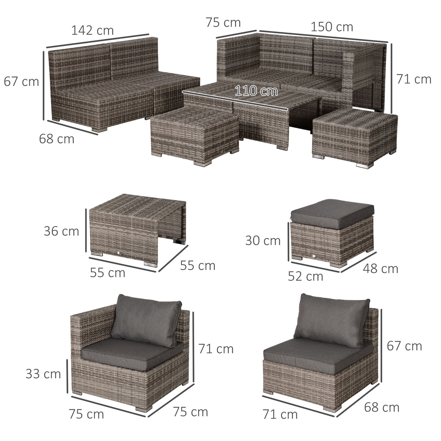 Outsunny garden living room in pe rattan 8 pieces with Grey aluminum structure - Borgè