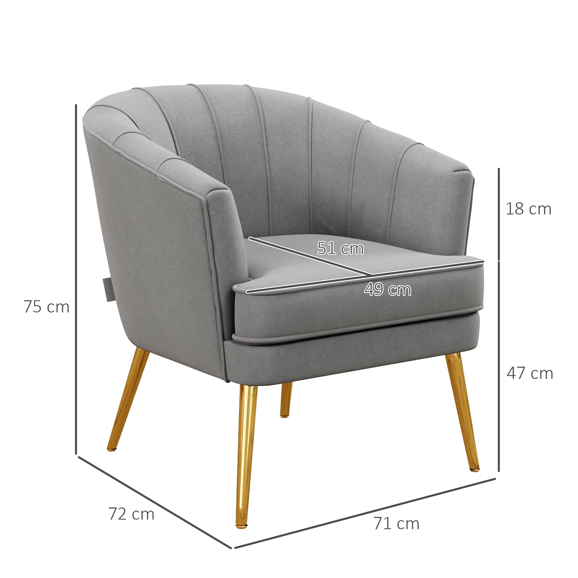 Homcom velvet armchair with golden legs in polyester and steel legs, 71x72x75cm, gray - Borgè