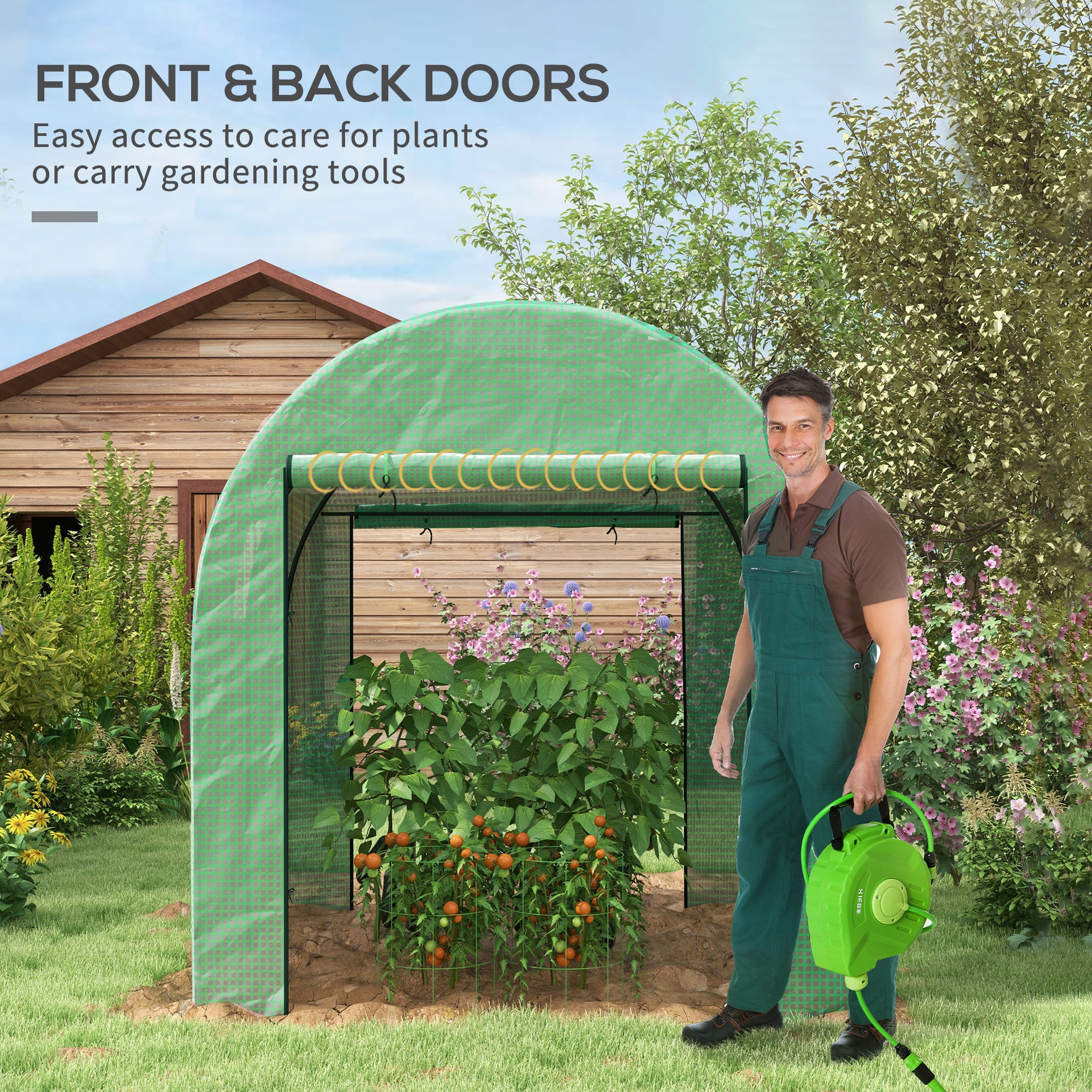 Outsunny tunnel greenhouse for vegetable garden 1.8x1.8x2m in steel and anti UV with roller shown doors and windows, green - Borgè