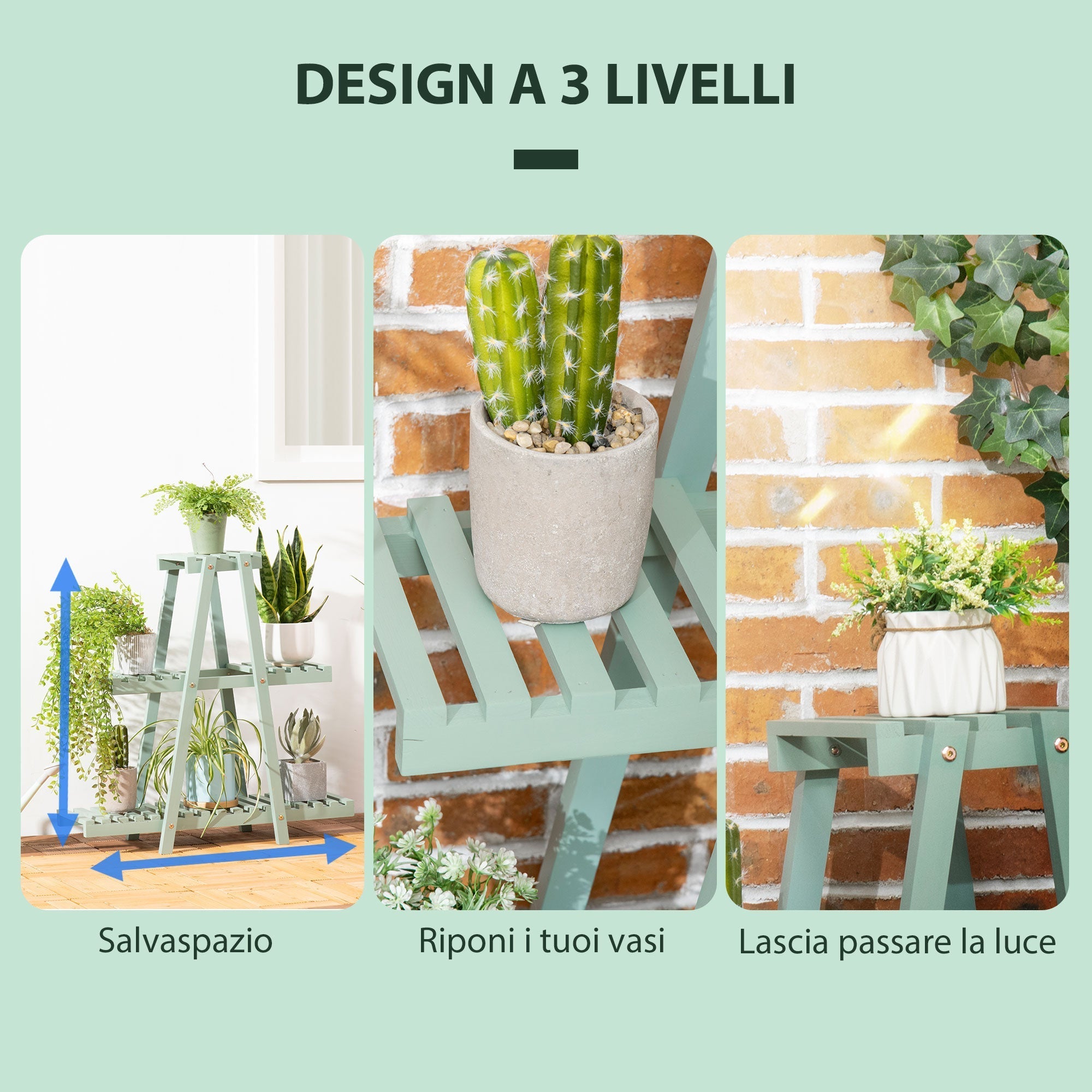 3-Tier Indoor Outdoor Fir Wood Plant Stand, 76x26x76cm, Light Green - Borge' Group Limited
