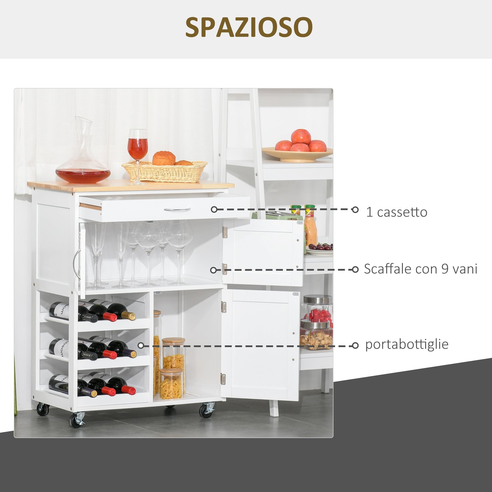 Cart Wine Kitchen Cart Wood Kitchen With Bottle holder 1 drawer and 3 Antine, 67x37x87cm - Borgè