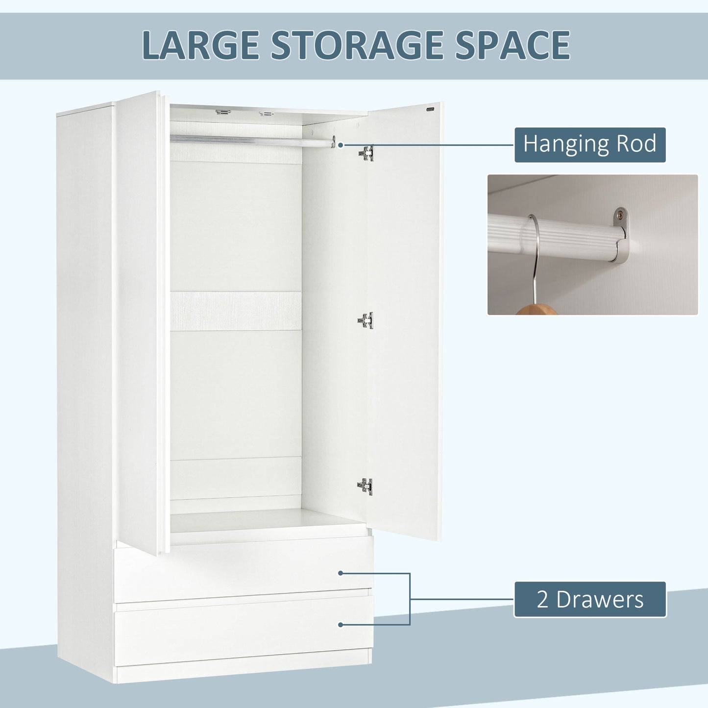 Wardrobe Wardrobe in white chipboard with hangers and 2 sliding drawers for bedrooms, 100x60x200 cm - Borgè