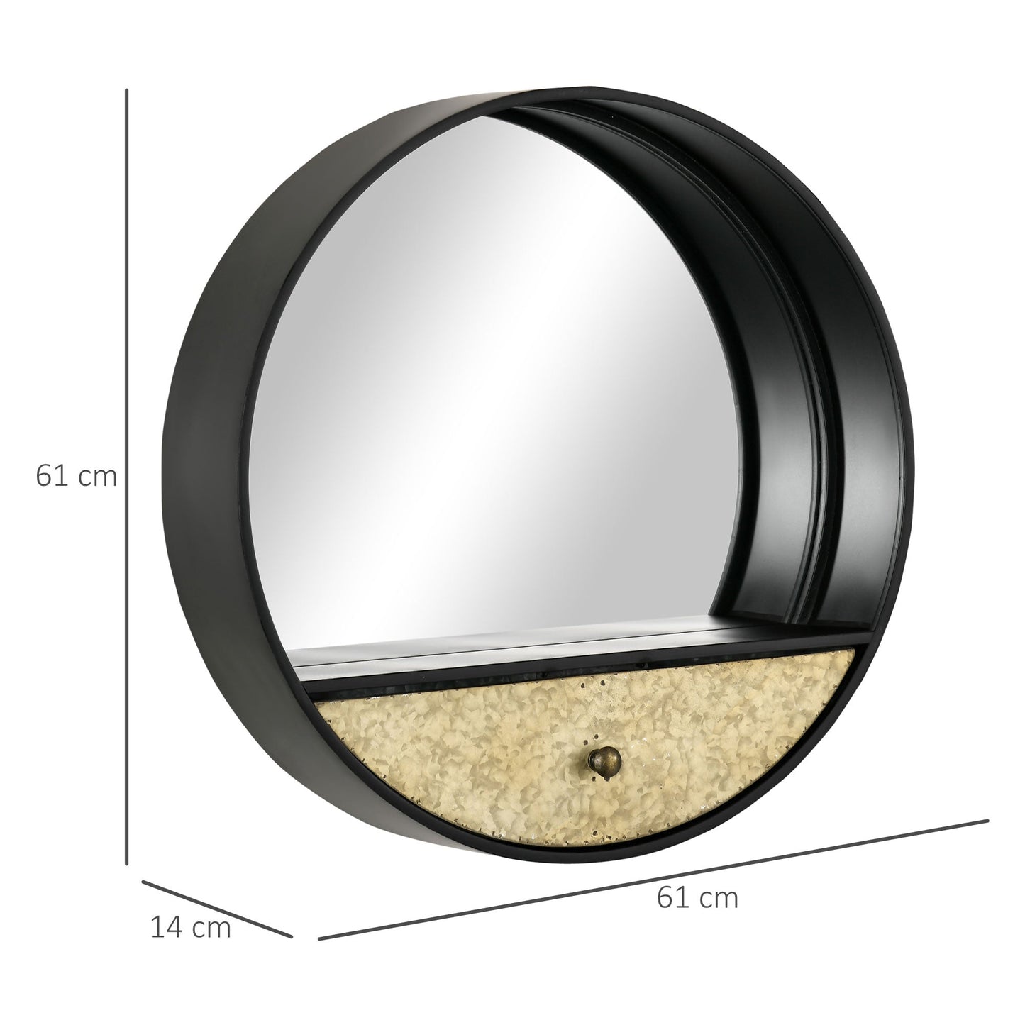 round wall mirror Ø61cm with drawer and black metal frame