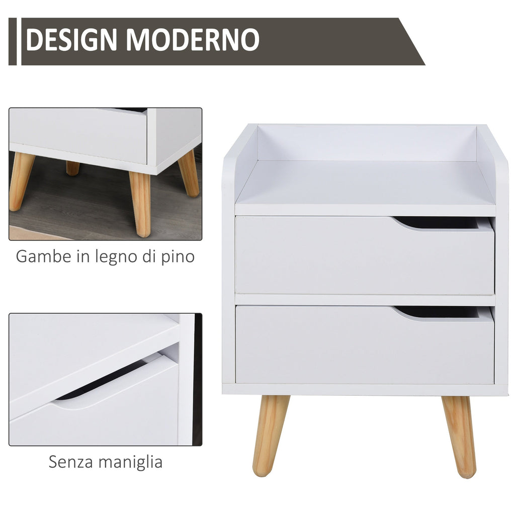 bedside table with modern white design with drawers and wooden feet - Borgè