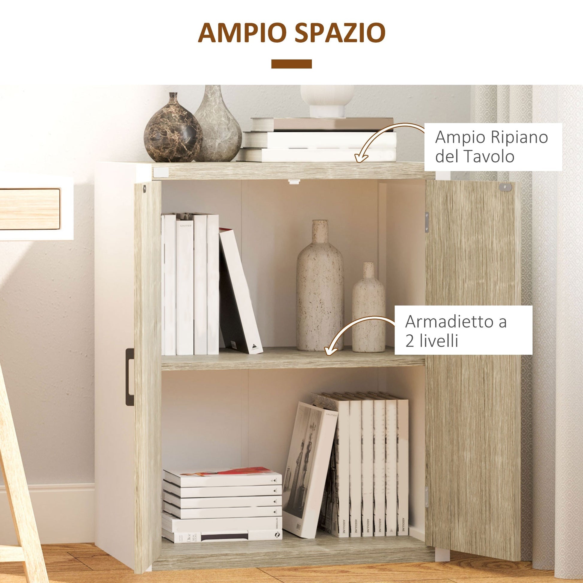 Multiuse cabinet for entrance and living room, 2 doors 2 doors with adjustable shelf in MDF, 62x40x77cm, white and wood - Borgè