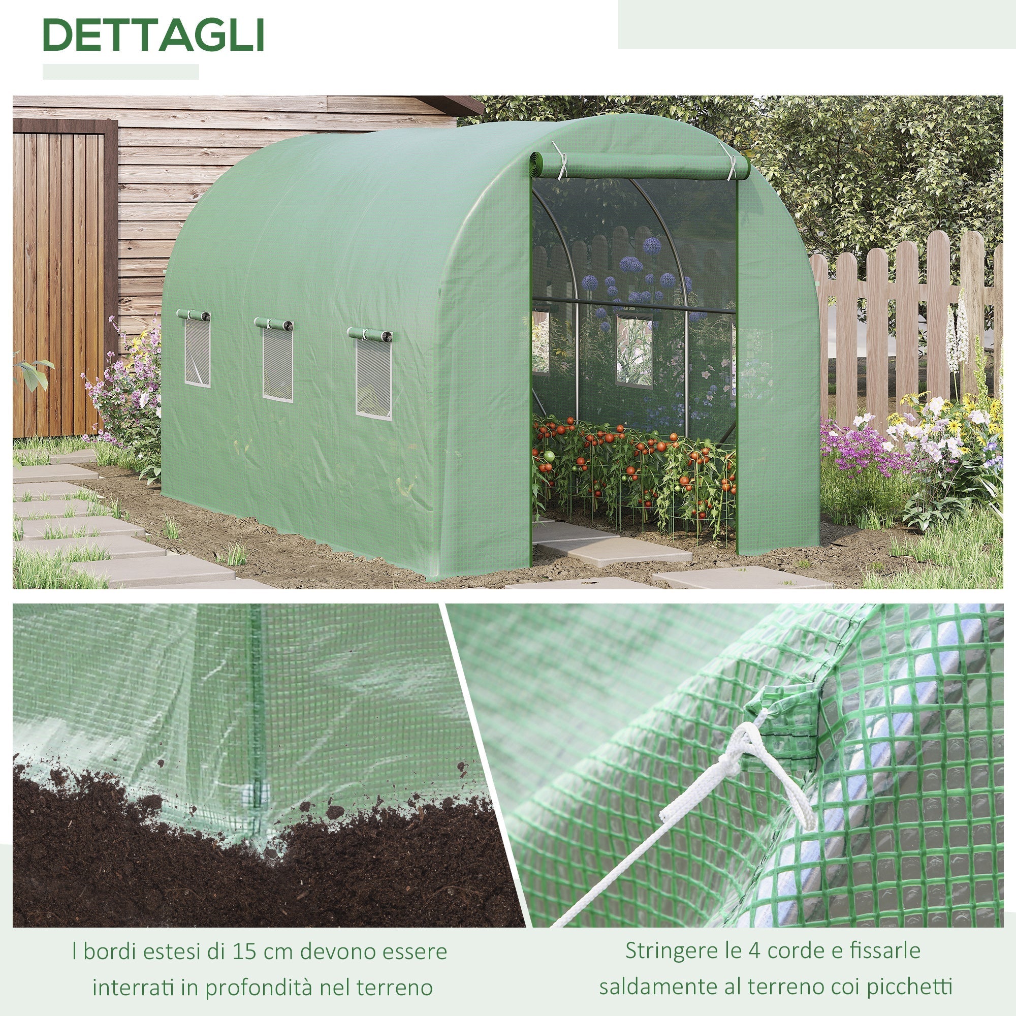 3.5x2x2m PE and Metal Tunnel Greenhouse for Vegetable Garden with 6 Windows and Roller Door, Green - Borge' Group Limited