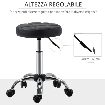 Black Beauty / Tattoo Round Swivel Stool with Wheels, Adjustable Height and Eco Leather Cover, Black - Borgè