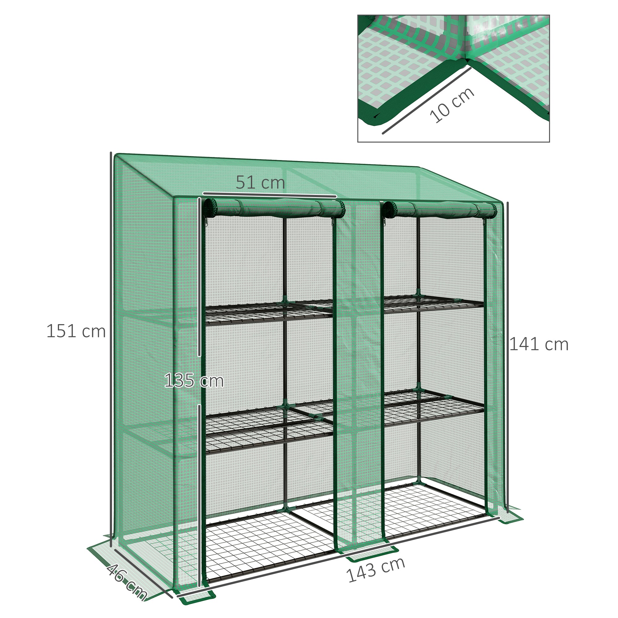 Outsunny garden greenhouse with pear coverage, 6 shelves and 2 roller shown doors, 143x46x151cm, green - Borgè